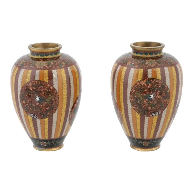 Antique Early Meiji Japanese Cloisonne Gold Stone Enamel Stripe Vases Attributed to Honda- Set of 2 For Sale