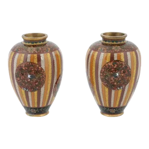Antique Early Meiji Japanese Cloisonne Gold Stone Enamel Stripe Vases Attributed to Honda- Set of 2