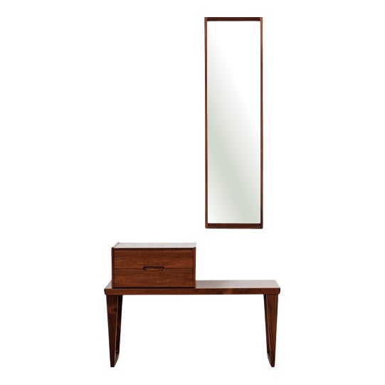Mid-Century Modern Danish Mirror with Bench and Container in Rosewood by Aksel Kjersgaard 1960s, Set of 3 For Sale