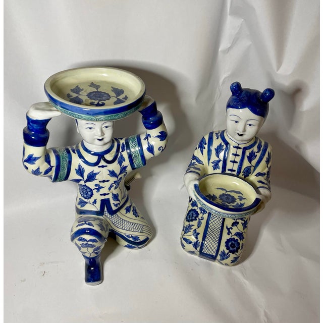 Blue Mid-20th Century Chinese Hand-Painted Porcelain Court Figures – Pair For Sale - Image 8 of 12