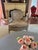 Louis XVI style Bergere chairs with distressed cream painted and carved frames. Raised velvet design in pink ,cream and...
