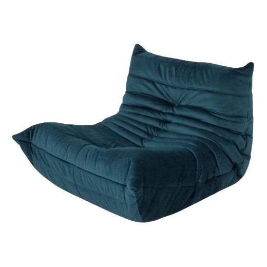 Togo Lounge Chair in Teal Velvet by Michel Ducaroy for Ligne Roset For Sale