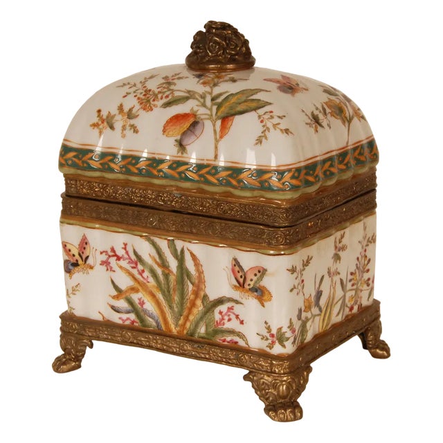 Vintage Bronze-Mounted Porcelain Box with Hand-Painted Butterflies and Floral Decor, 1980s For Sale