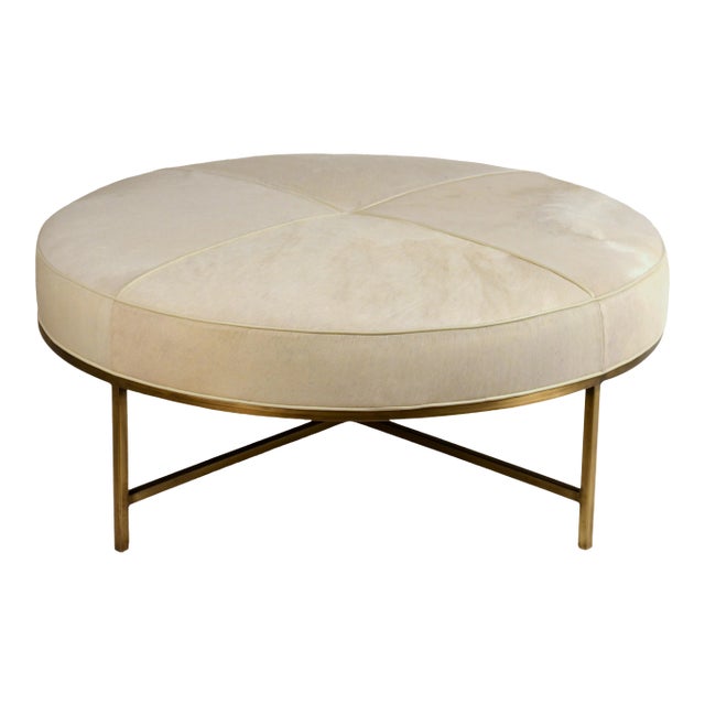 Design Frères White Hide and Patinated Brass "Tambour" Ottoman For Sale