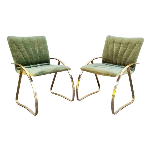 Italian Modern Brick Green Velvet and Gold Chromed Metal Chairs, 1970s, Set of 2 For Sale