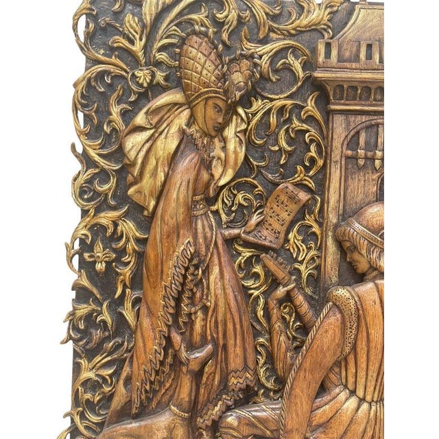 Wood Carved Oak Panel with Gallant Scene For Sale - Image 7 of 13