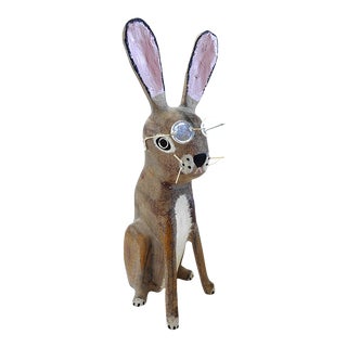 1980s Hand Carved and Painted Wooden Bunny Sculpture by David Alvarez For Sale