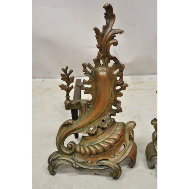 Rococo Early 20th Century French Rococo Baroque Style Brass Leafy Acanthus Andirons - a Pair For Sale - Image 3 of 12