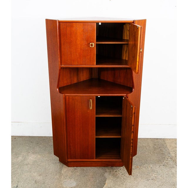 1960s Mid Century Danish Modern Corner Cabinet Unit Teak Denmark Hutch Brass For Sale - Image 12 of 12