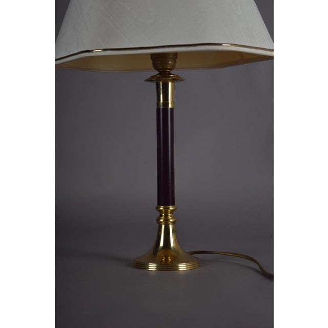Metal Vintage Brass Table Lamp with Burgundy Column and White Shade, 1980s For Sale - Image 7 of 11