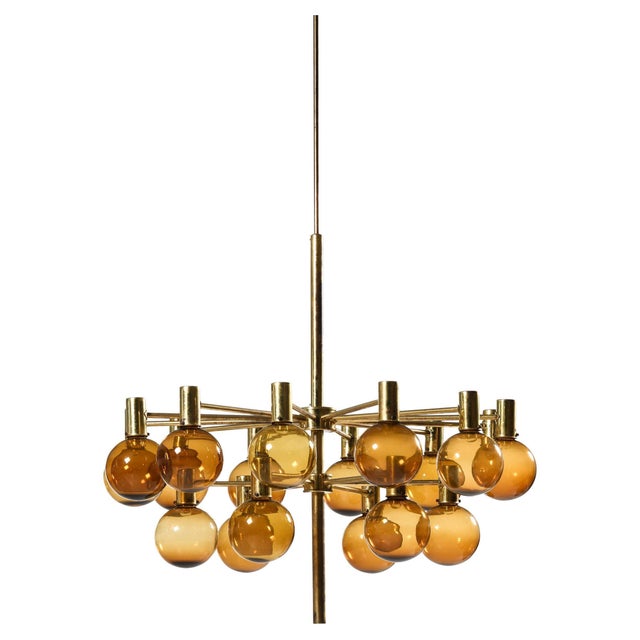 Large Chandelier in Brass and Amber Glass attributed to Hans-Agne Jakobsson, 1950s For Sale - Image 11 of 11