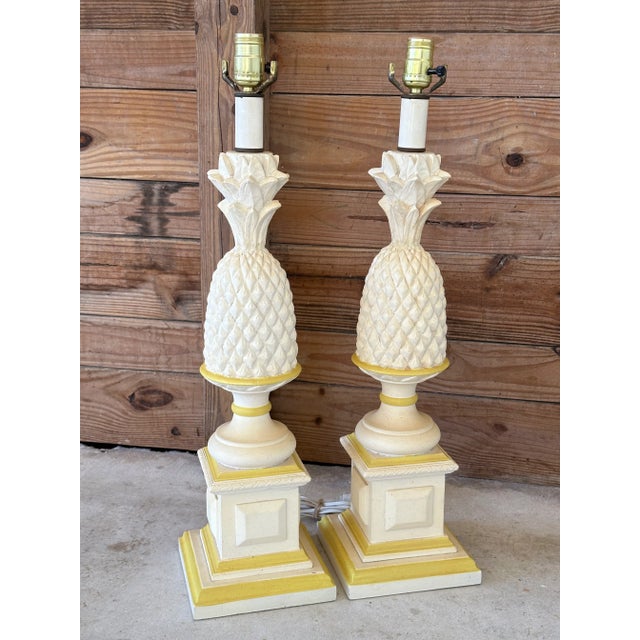 Ivory 1970’s Coastal Regency Cast Resin Pineapple Table Lamps-Pair For Sale - Image 8 of 12