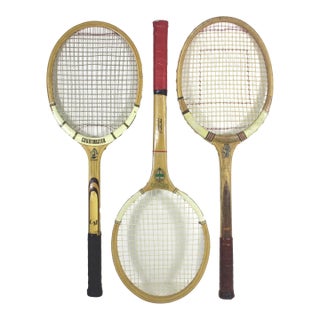 Curated Set of Vintage Sport Tennis Rackets for Designer Decorating Wood Racquet Set of Three Sports Equipment For Sale