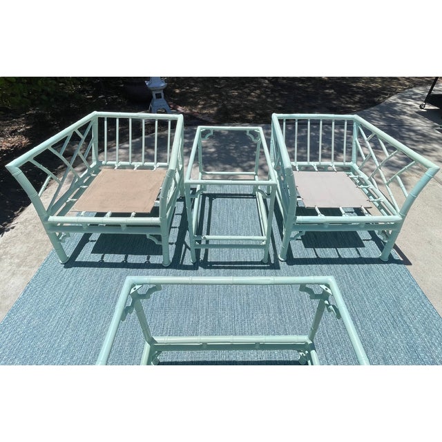 Vintage Faux Bamboo Patio Set by Meadowcraft, Chippendale Details and Sunbrella Cushions For Sale - Image 11 of 18