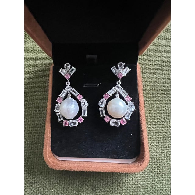 Baroque Bochic "Orient" Vintage Pink Sapphire, Topaz & Pearls Earrings Set 18K Gold & Silver For Sale - Image 3 of 8
