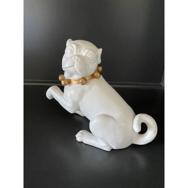 Ivory Porcelain Pug Dog With Lifted Paw & Gold Collar For Sale - Image 8 of 12