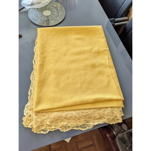 Textile Large Vintage Mustard Yellow Lace Trimmed Table Cloth 66" by 82" For Sale - Image 7 of 7