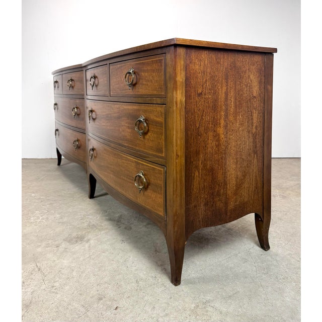 Mid 20th Century Baker Furniture Walnut /Satinwood Bow Front Long Dresser Chest of Drawers For Sale - Image 10 of 12