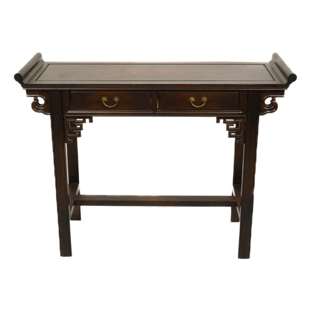 Chinese Hardwood Two-Drawer Altar Console Table With Brass Pulls For Sale