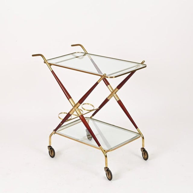 Gold Brass and Burgundy Lacquered Wood Bar Cart by Cesare Lacca, Italy, 1950s For Sale - Image 8 of 15