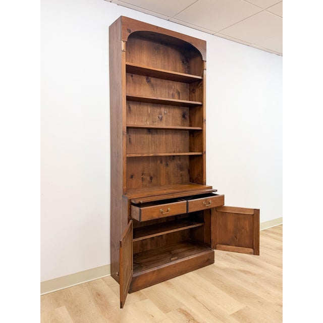 Wood Handmade Pine Walnut Tone Bookcase Desk Drawers Cabinet Antique Style For Sale - Image 7 of 16