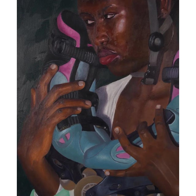 A figure tenderly holding a pair of skates - a portrait of devotion to a dream. Original one-of-a-kind oil on canvas by...