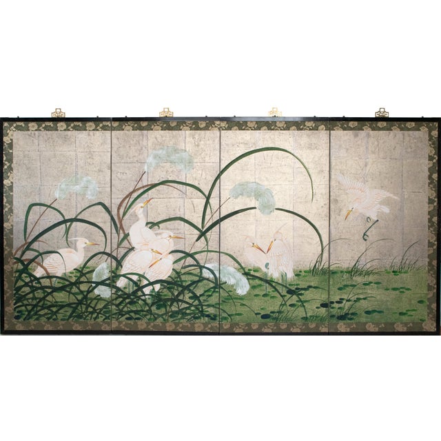 C. 1970s Japanese Style Screen "Egrets" on Silver Background For Sale - Image 18 of 18