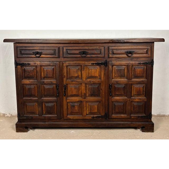 Rustic Spanish Rustic Oak Sideboard with Paneled Doors and Iron Hardware, 1930s For Sale - Image 3 of 11