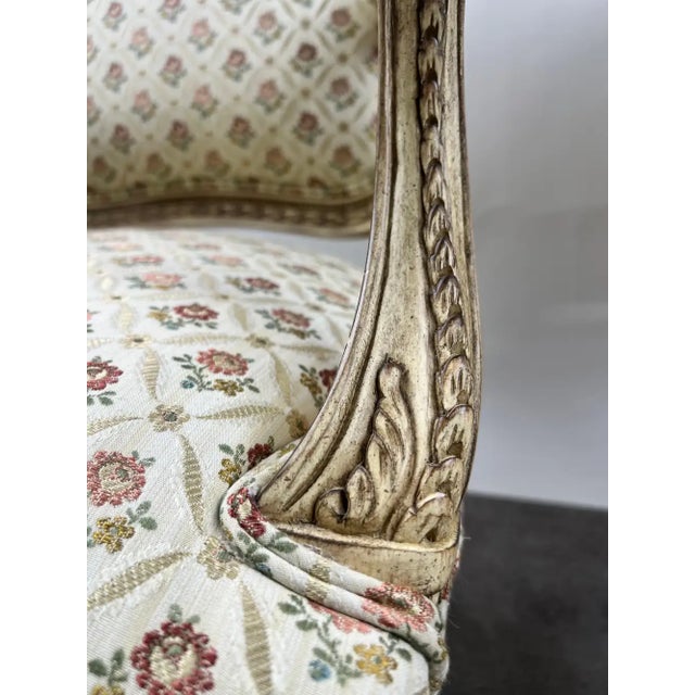 French Louis XV Style Bergère Armchair, Painted Frame, Floral Embroidery, a Pair For Sale In New York - Image 6 of 15
