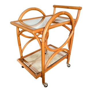 Vintage Bent Rattan & Glass Bar Cart For Sale