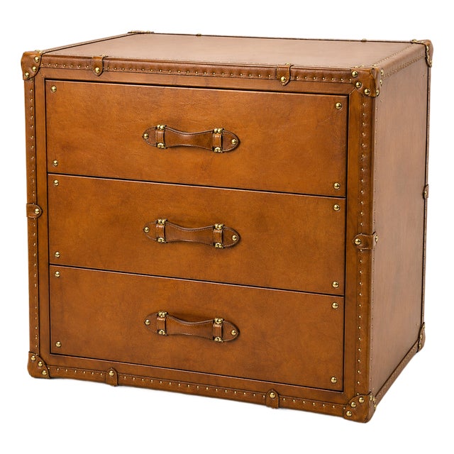 Luxury Tan Leather 3 Drawer Console, Handmade Leather Chest of Drawers, Vintage Trunk Style Nightstand, Brass Studded Storage Cabinet For Sale