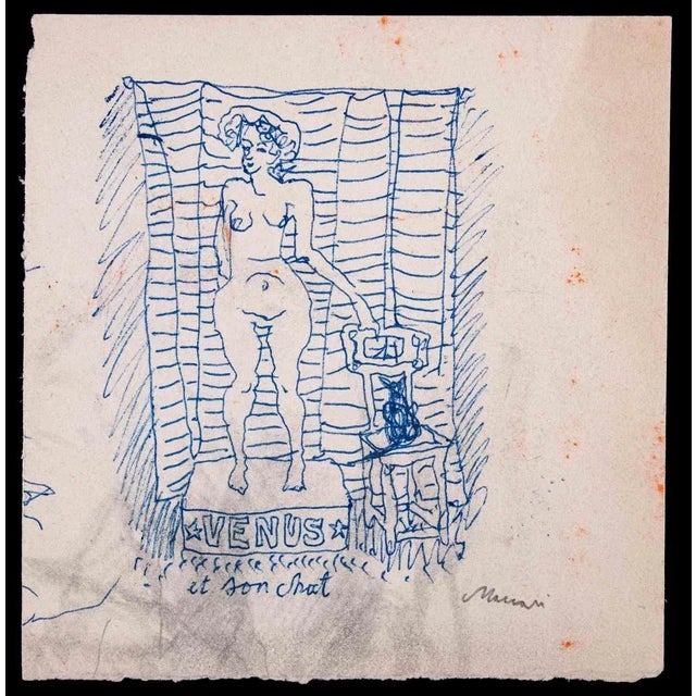 Venus and Her Cat is a Pen Drawing realized by Mino Maccari (1924-1989) in 1950s. Hand-signed on the lower margin. Good...