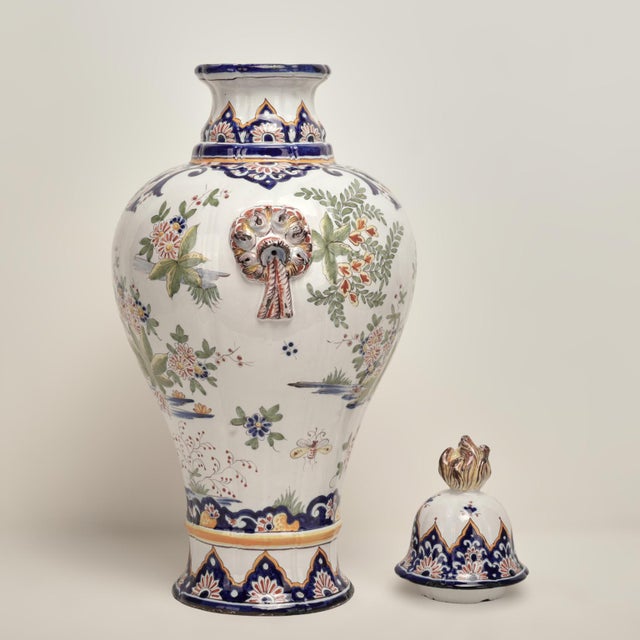 White Pair of Antique French Faience Earthenware Lidded Urns For Sale - Image 8 of 14
