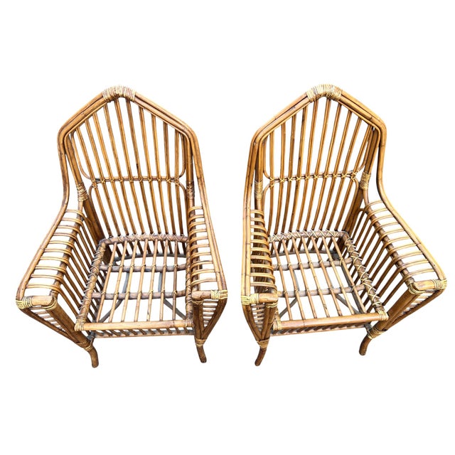 Mid 20th Century Mid 20th Century Pair Cathedral Split Reed Rattan Arm Chairs For Sale - Image 5 of 17