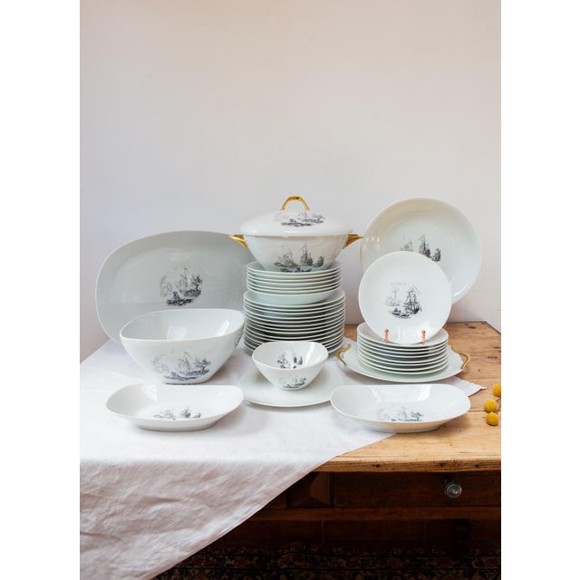 French Porcelain Dinner Service with Grisaille Scenes from Limoges Raynaud, 1960s, Set of 38 For Sale - Image 9 of 9
