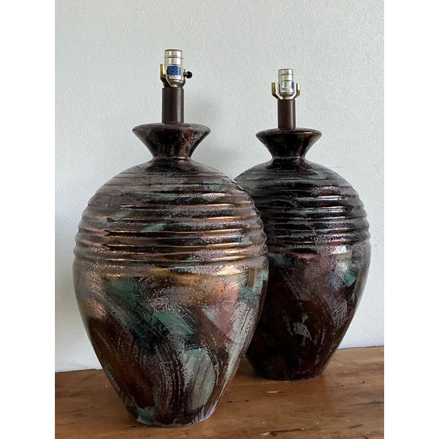 Mid-Century Modern Vintage Glazed Metallic Ceramic Lamps - Set of 2 For Sale - Image 3 of 18
