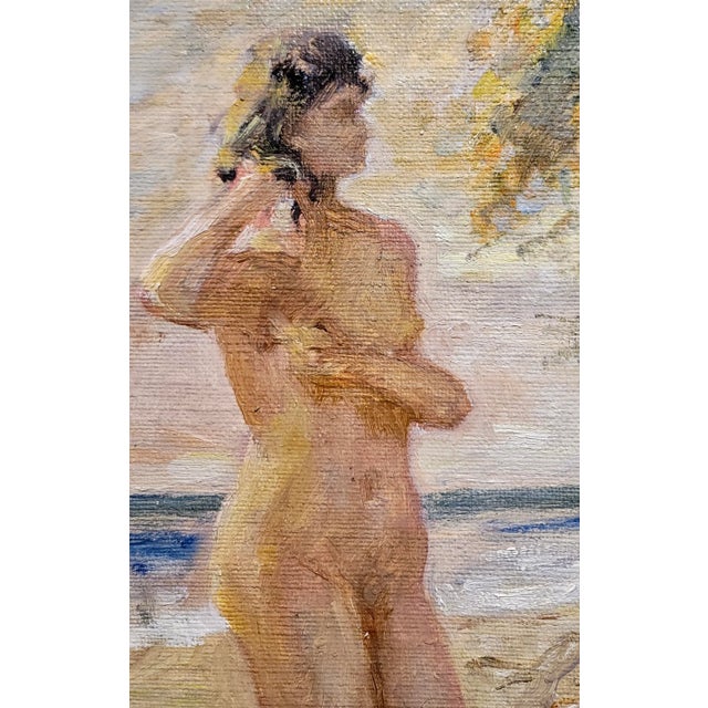 Niels Peter Nielsen- Nude Female Bather at the Beach-1930s Oil Painting For Sale - Image 4 of 9
