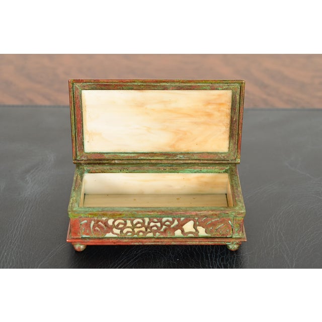 Metal Tiffany Studios New York Grapevine Pattern Bronze and Favrile Slag Glass Box For Sale - Image 7 of 15