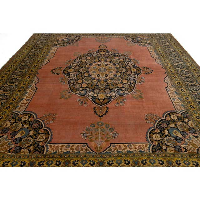 Room Size Antique Tabriz Wool Rug Handmade in Terracotta With a Center Motif For Sale - Image 4 of 11
