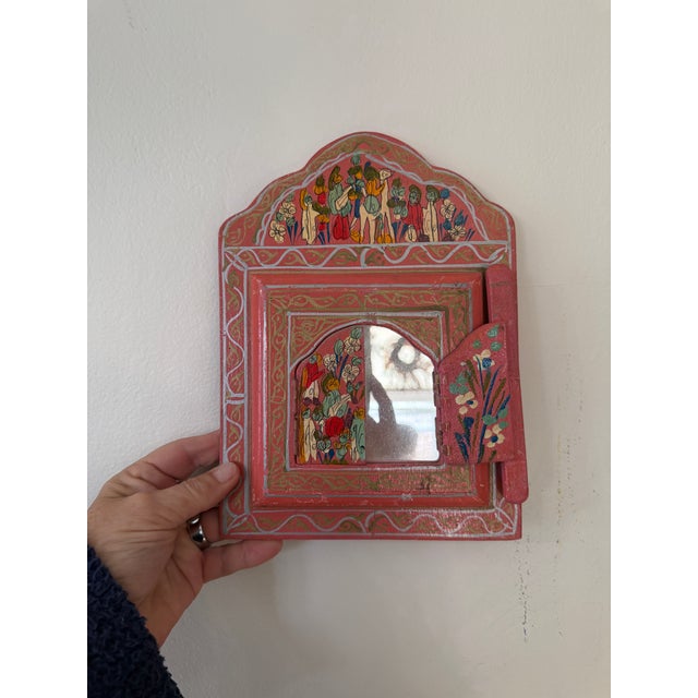 Vintage Folk Art Painted Wood Mirror Hand Painted Floral Motif 9.5 Inch Wall Mirror For Sale - Image 11 of 11