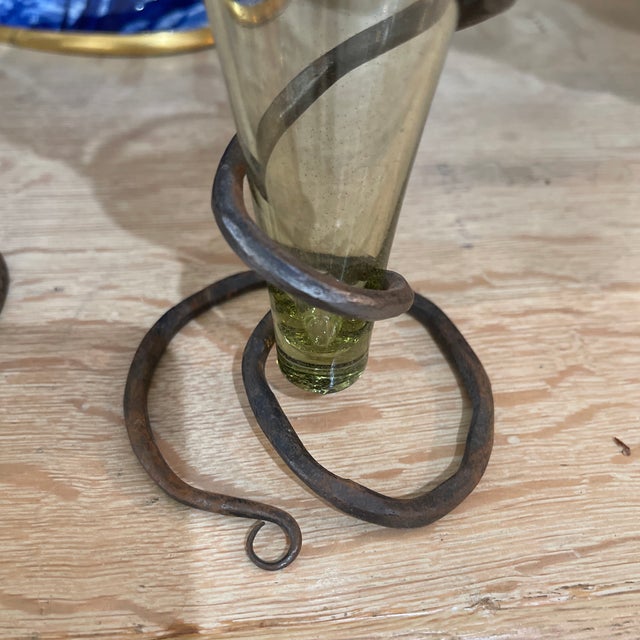 Mid 20th Century Pair of Blown Glass Vases W/ Wrought Iron Bases For Sale In Miami - Image 6 of 6