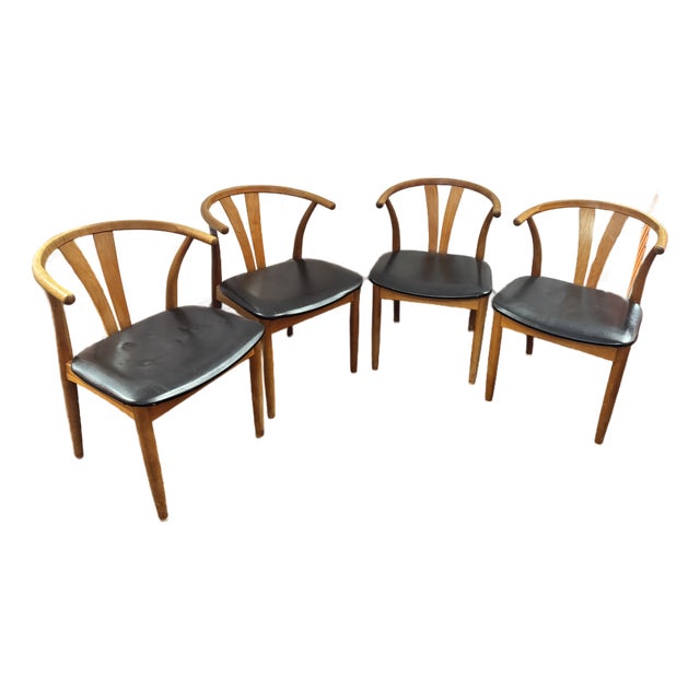 Set of 4 Vintage Danish Modern Teak Dining Chairs With Black Leather Seats, 1960s–70s For Sale