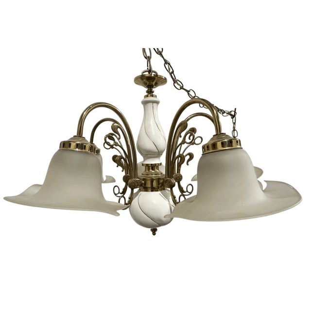 Brass Vintage Art Nouveau Style Fleur De Lis Calla Lillies Shades 5 Arms Chandelier For Sale - Image 8 of 13