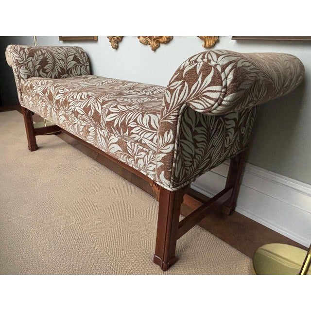 Elegant chenille damask rolled arm bench. Chippendale style legs with stretchers. Perfect for hall seating or at the end...