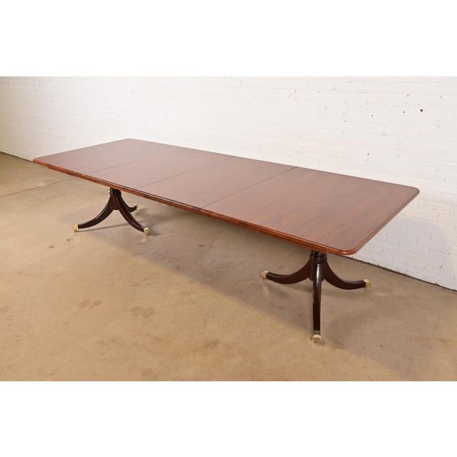 Baker Furniture Style Georgian English Yew Wood and Mahogany Double Pedestal Extension Dining Table, Newly Refinished For Sale - Image 12 of 12