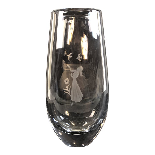 Orrefors Glass Vase Girl With Birds Sweden For Sale