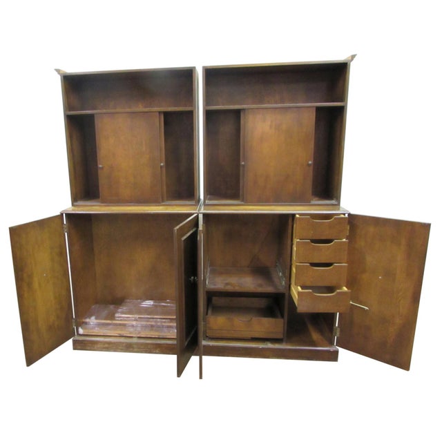 Traditional Mid 20th Century Pair of Traditional Two Section Wooden Storage Cabinets For Sale - Image 3 of 9
