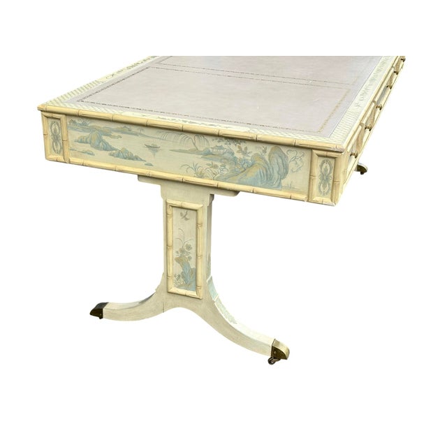 Ornamental & Decorative Materials Faux Bamboo Blue and Creme Toile De Joy Chinoiserie Large Leather Top Executive Desk For Sale - Image 7 of 12
