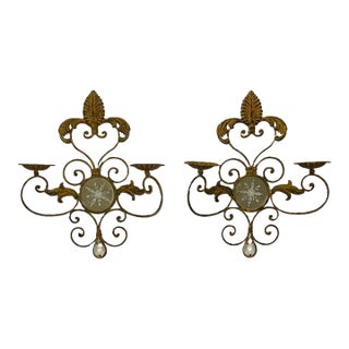 Pair of Florentine Style Wall Candle Sconces W/ Fleur De Lis Mediterranean For Sale