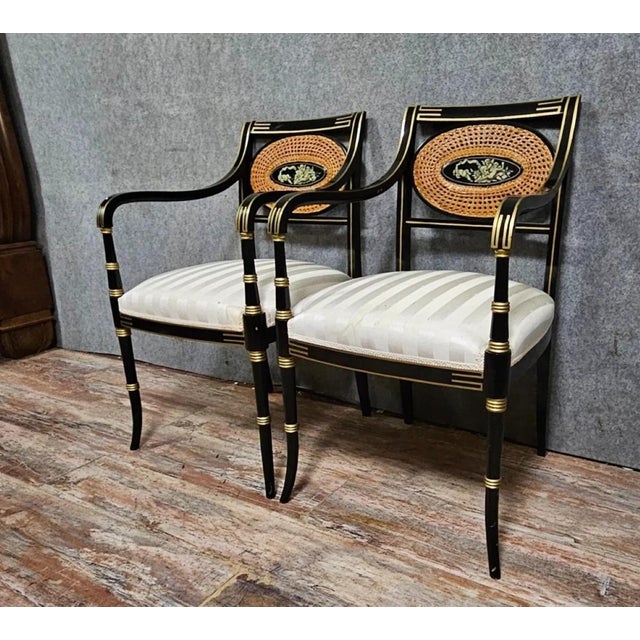 Armchairs with Medallion Backs in Lacquered Wood, Set of 2 For Sale - Image 3 of 10